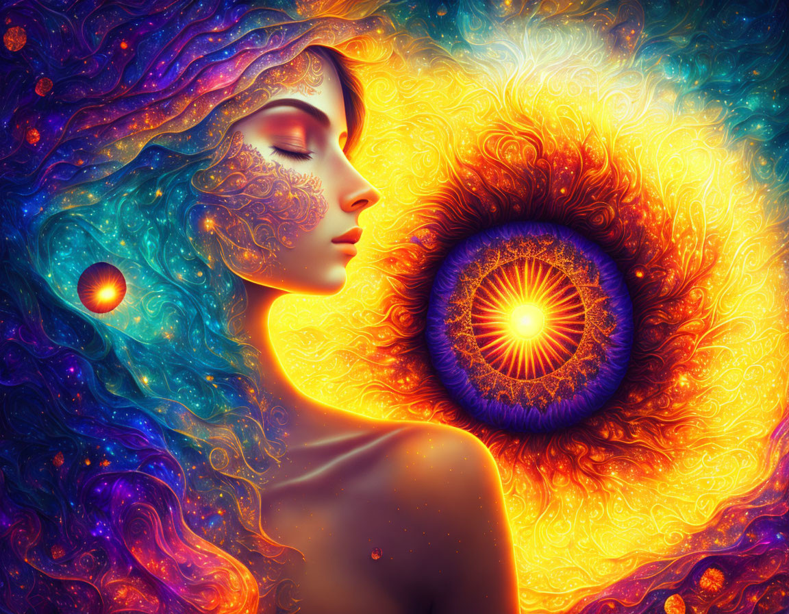 Cosmic-themed digital artwork of woman with glowing sun-like sphere