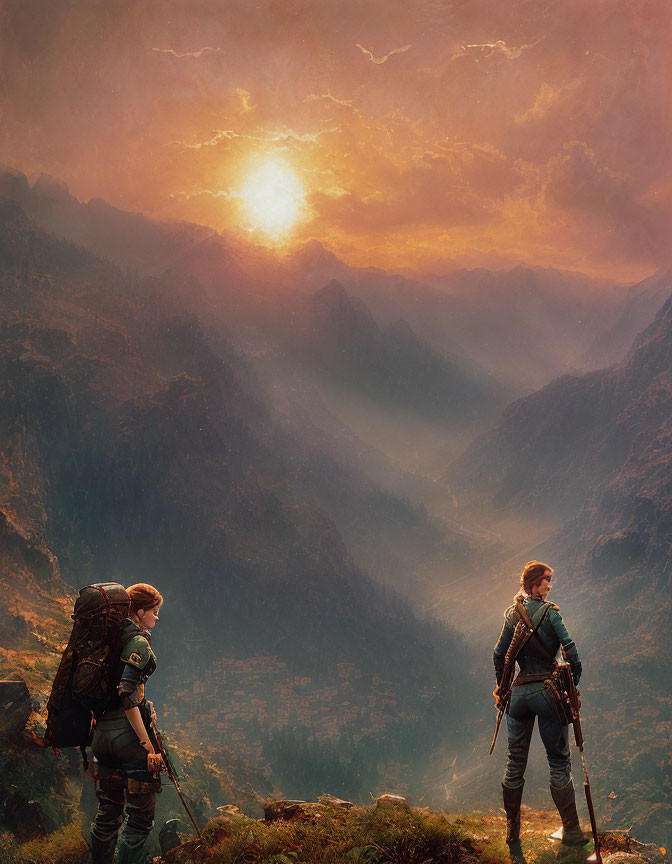 Adventurers at mountain edge during sunset overlooking misty valley