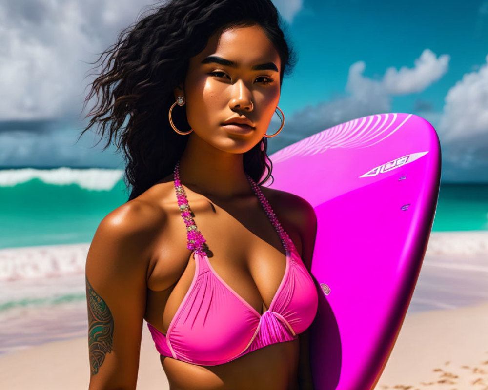 Person on Beach with Pink Surfboard and Bikini