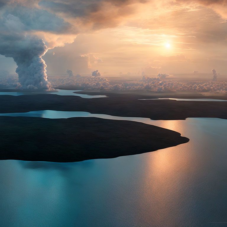 Tranquil sunrise scene with scattered clouds and distant smoke plume