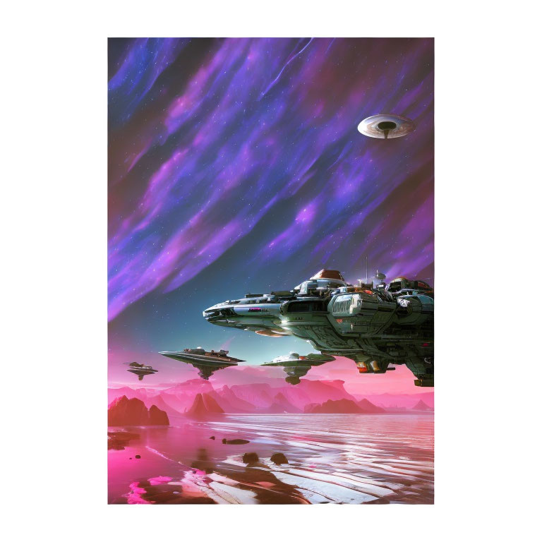 Sci-fi scene: Spaceships, UFO, pink water, purple sky, rocky terrain