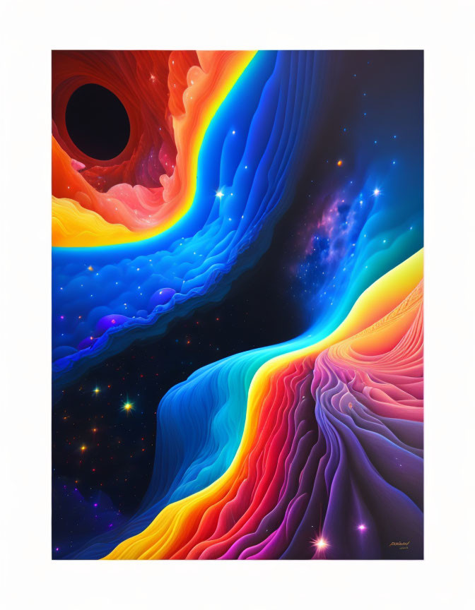 Abstract Cosmic Illustration with Swirling Colors and Black Hole Center