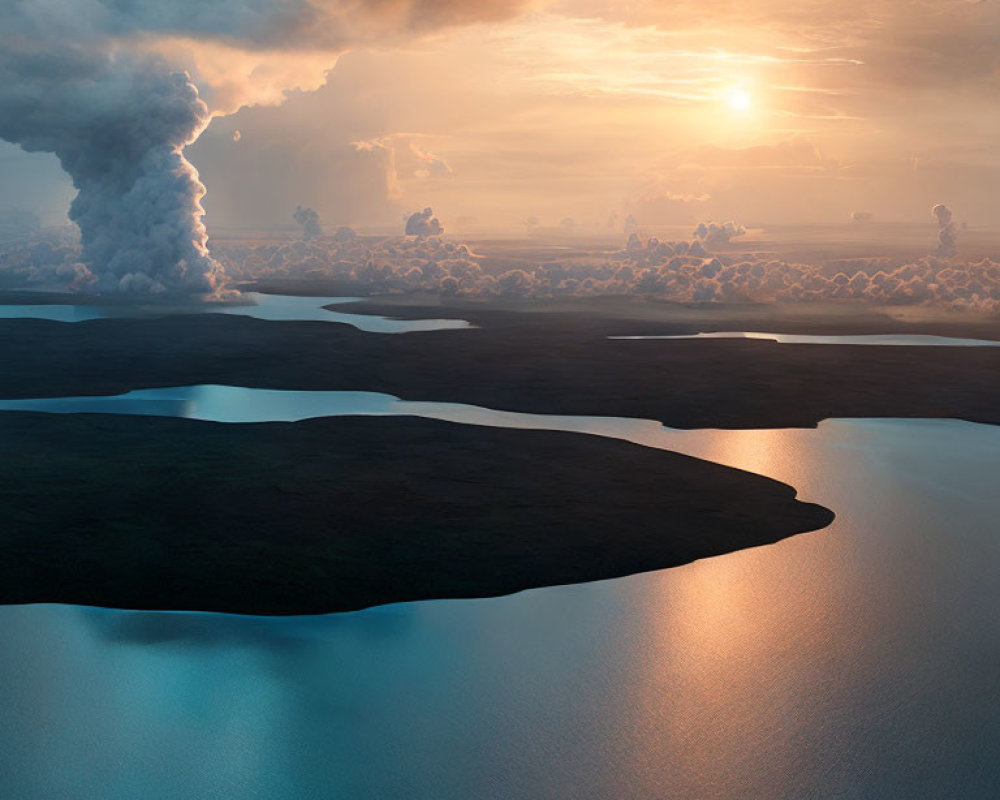 Tranquil sunrise scene with scattered clouds and distant smoke plume