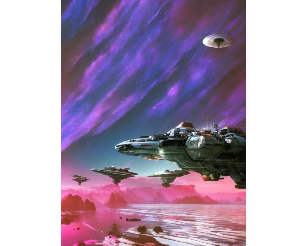 Sci-fi scene: Spaceships, UFO, pink water, purple sky, rocky terrain