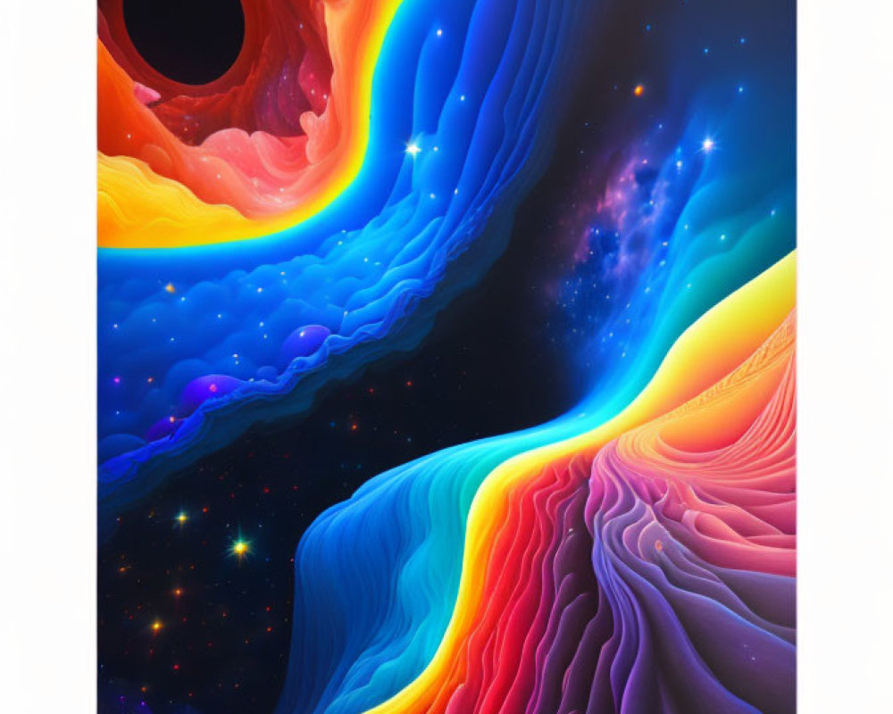 Abstract Cosmic Illustration with Swirling Colors and Black Hole Center