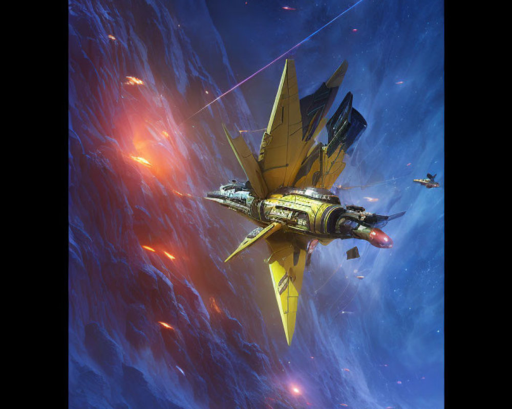 Futuristic golden spacecraft flying through vibrant nebula