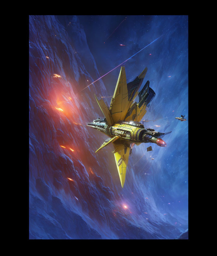 Futuristic golden spacecraft flying through vibrant nebula