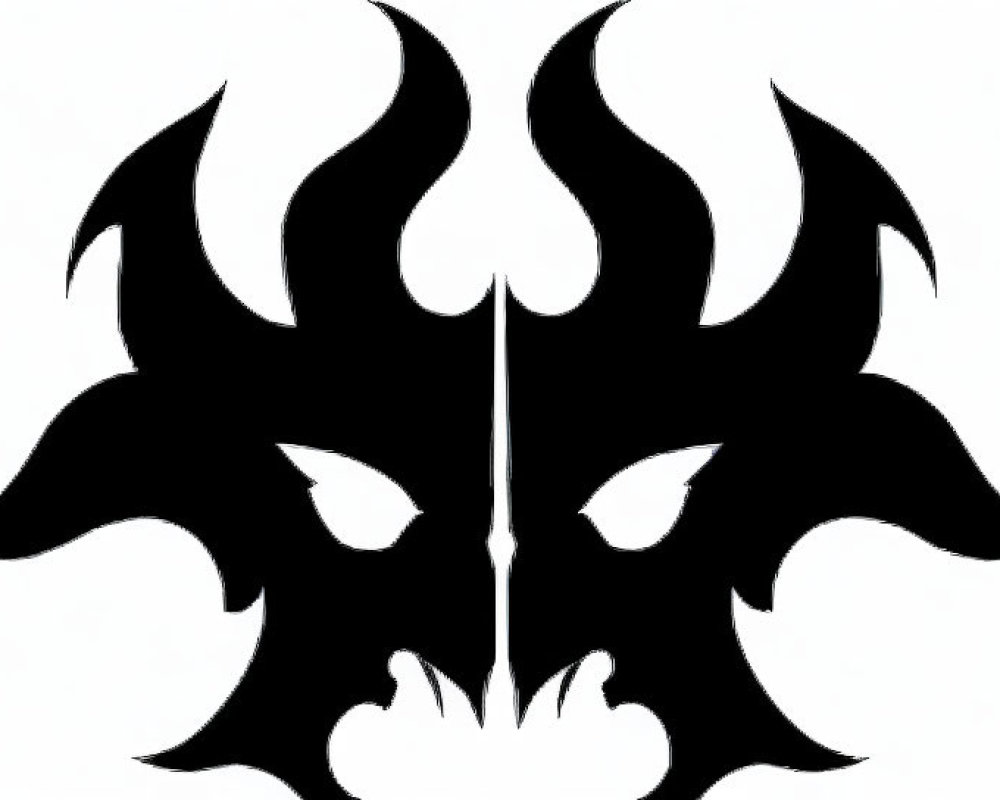 Symmetrical black and white graphic of menacing dragon-like face