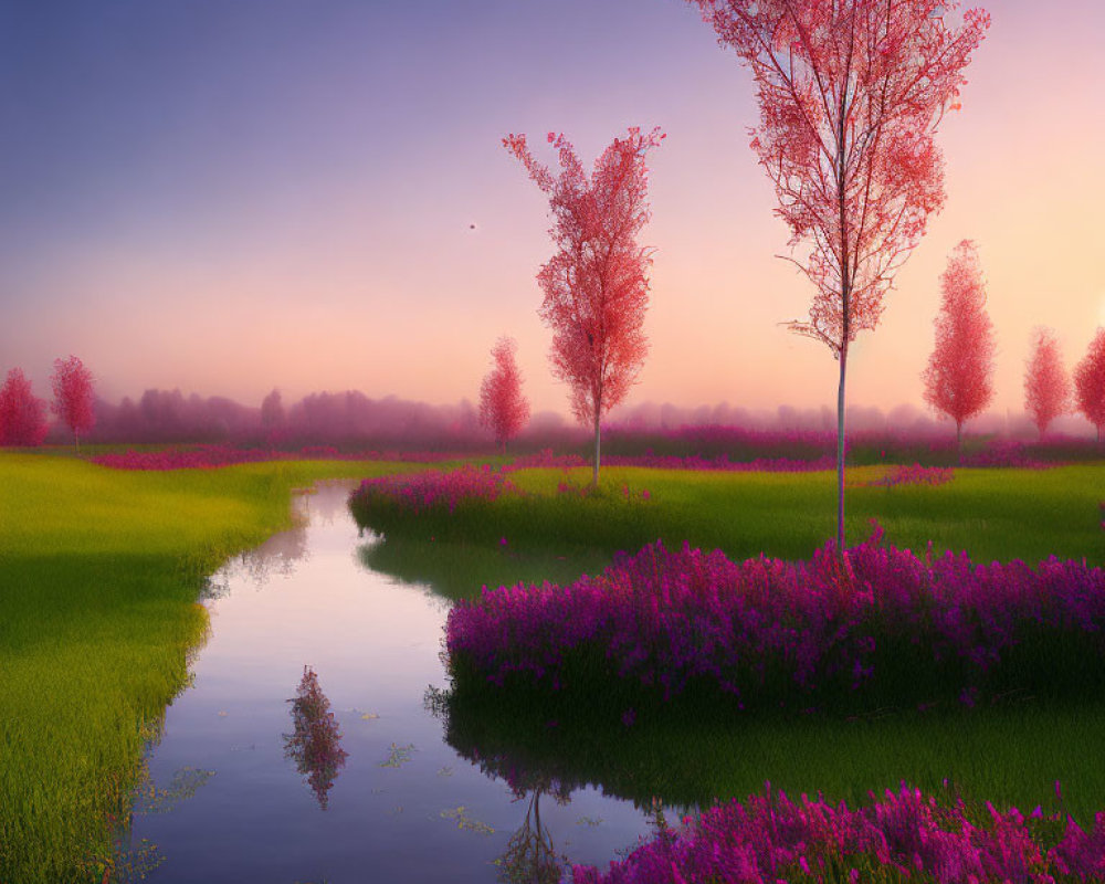 Tranquil Twilight Landscape with Purple Flowers and River Reflections