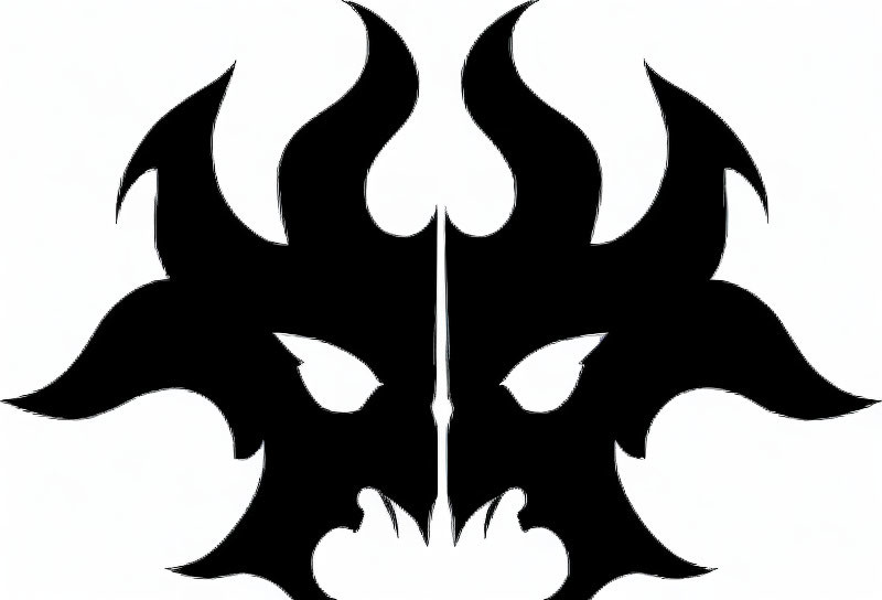 Symmetrical black and white graphic of menacing dragon-like face