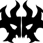 Symmetrical black and white graphic of menacing dragon-like face