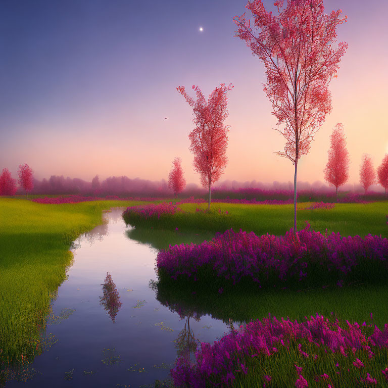 Tranquil Twilight Landscape with Purple Flowers and River Reflections