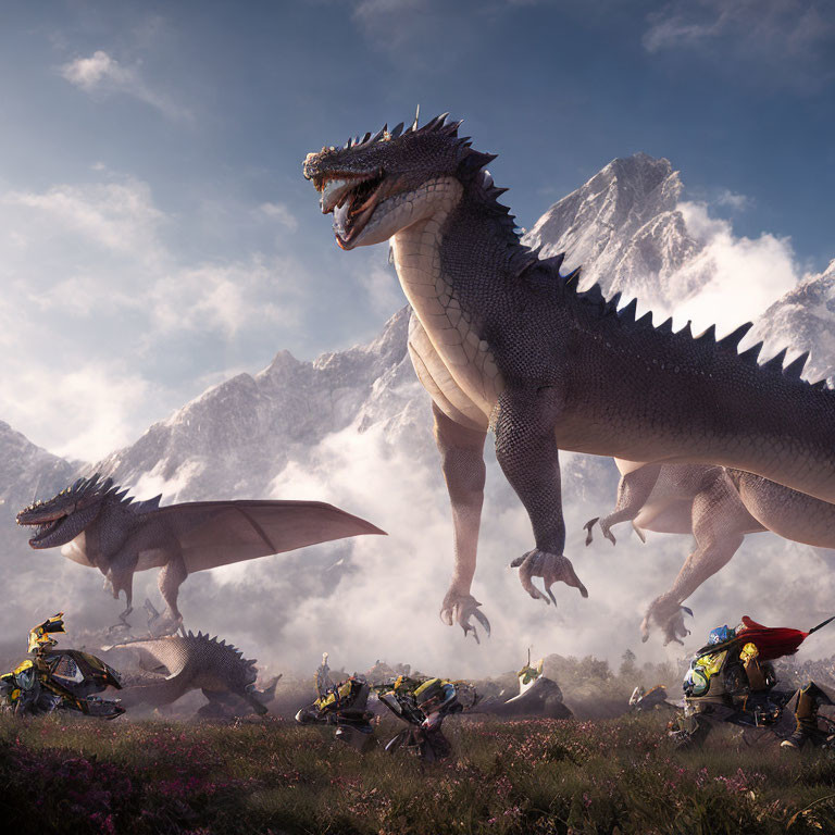 Large dragons and armored knights face off near mountains in dramatic lighting