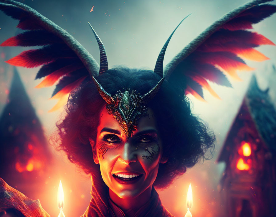 Fantasy Evil Queen with Horns and Dark Wings in Fiery Setting