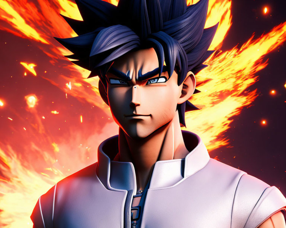 Spiky Blue-Haired Animated Character in High-Collar Vest Amid Fiery Explosion