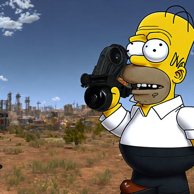 Fictional character holding gun in desert scene