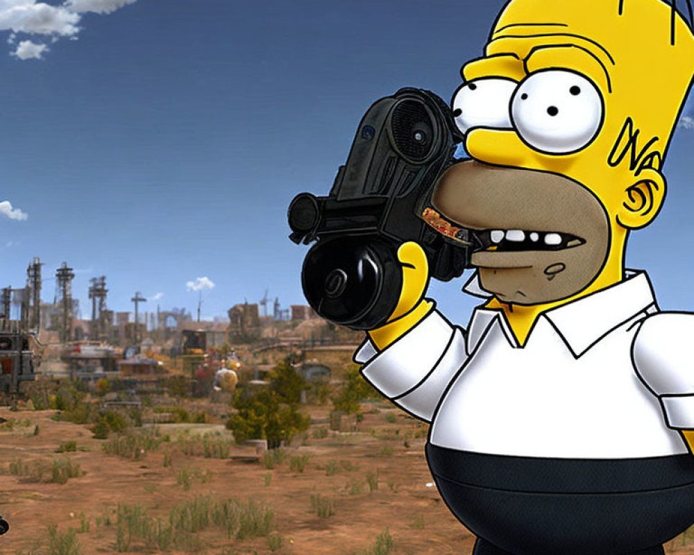 Fictional character holding gun in desert scene