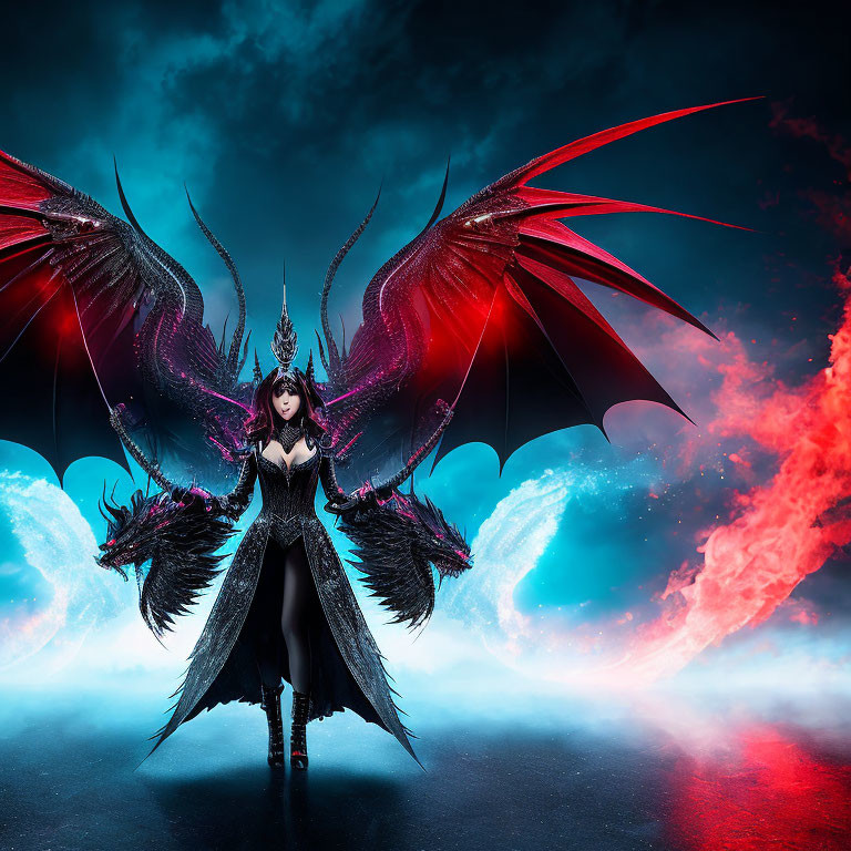 Fantasy image of woman with red and black dragon wings in dark costume against mystical smoke background