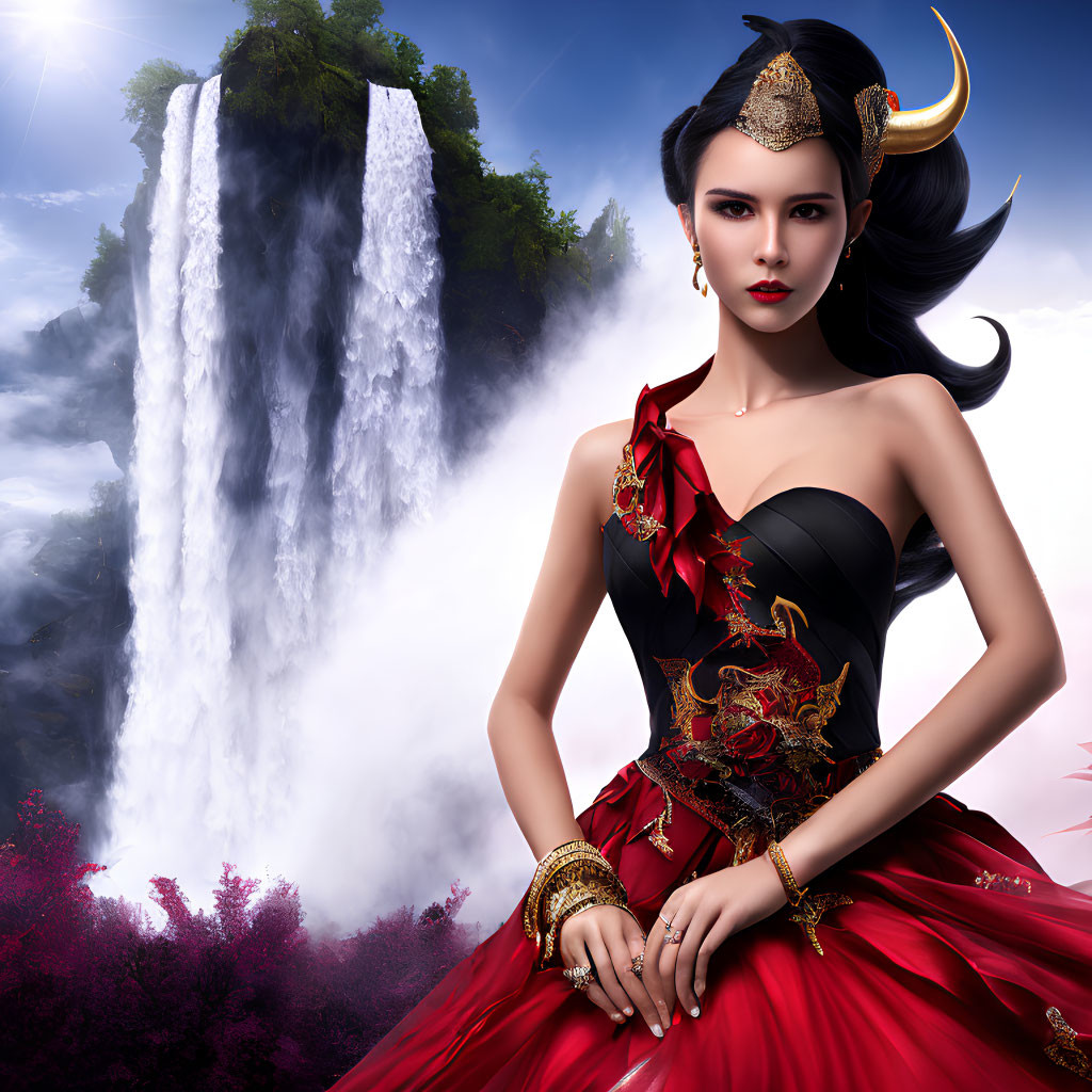 Fantasy woman with horns in red and black dress by misty waterfall