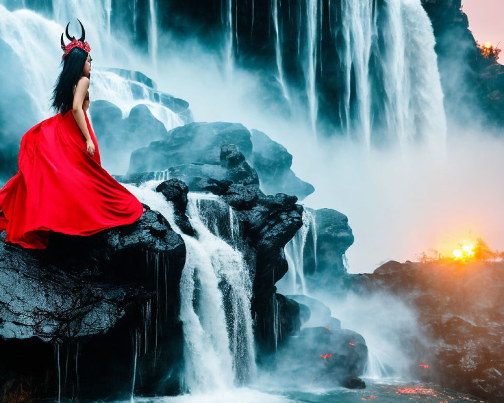 Person in Red Dress with Horned Headpiece Overlooking Waterfall at Sunset