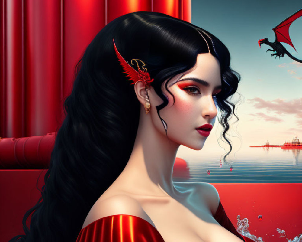 Digital artwork: Woman with black hair, red makeup, earring, red sky, and dragon.