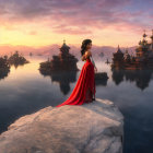 Woman in red and black dress with scepter next to black horse under sunset sky