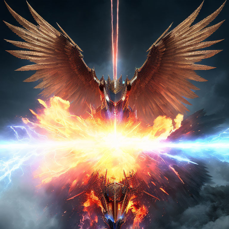 Fiery-winged creature amidst lightning in dramatic scene