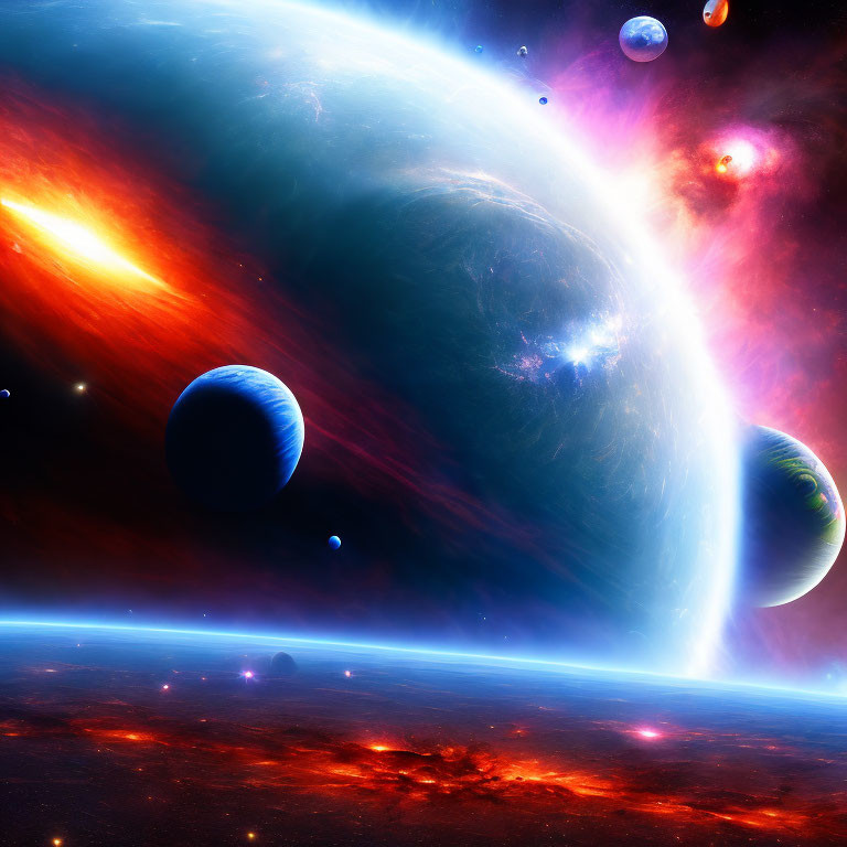 Colorful space scene with planets, comet, and nebula