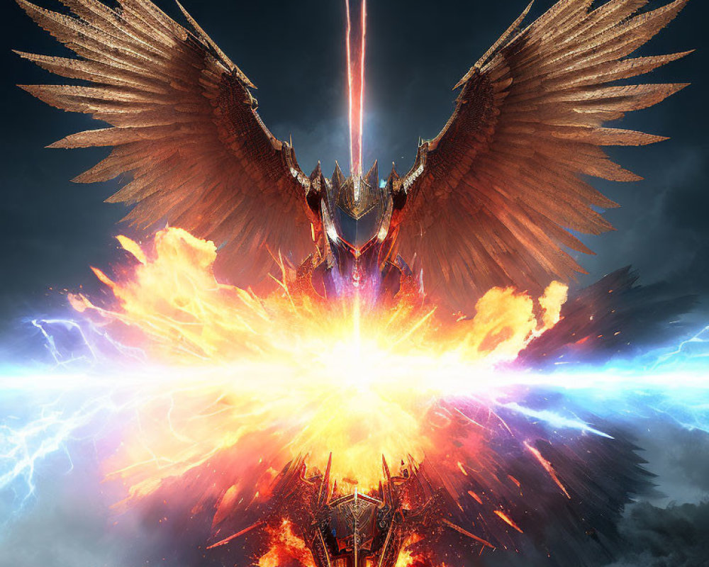 Fiery-winged creature amidst lightning in dramatic scene