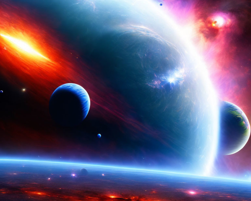 Colorful space scene with planets, comet, and nebula