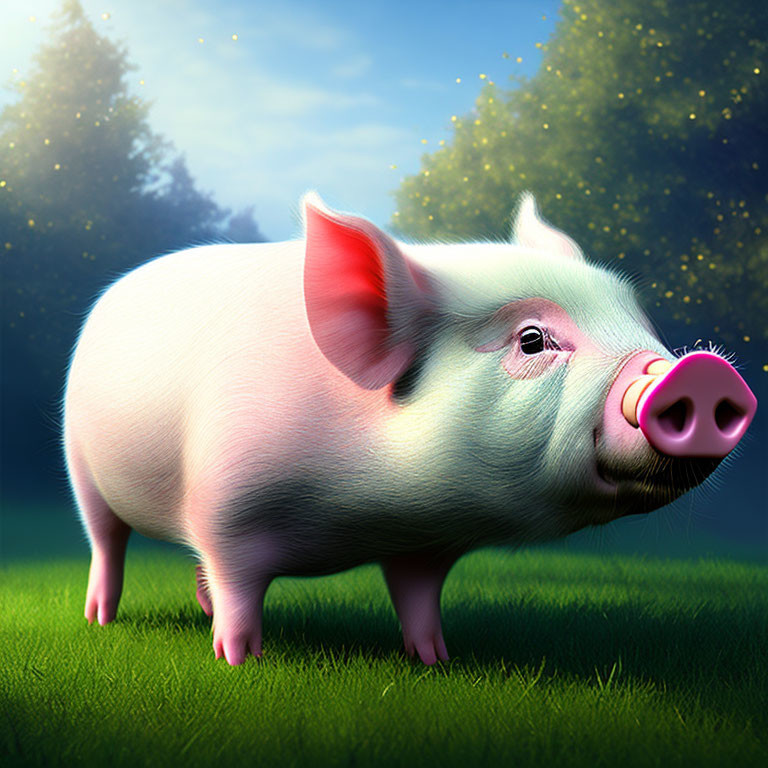 Pink pig digital illustration in grassy field with sparkly background