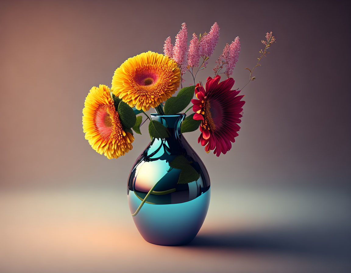 Vibrant sunflowers and pink blooms in blue vase on gradient backdrop