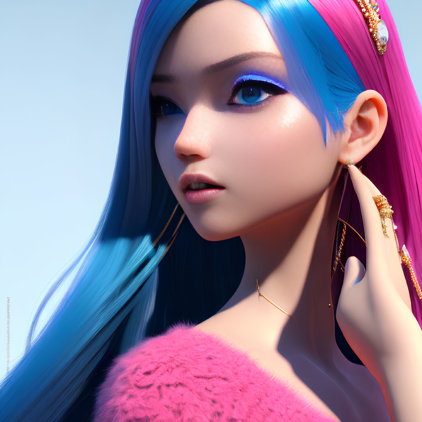 Digital artwork of woman with blue and pink hair, blue eyes, golden earrings, and pink garment