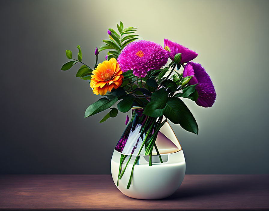 Vibrant bouquet in modern white vase on wooden surface