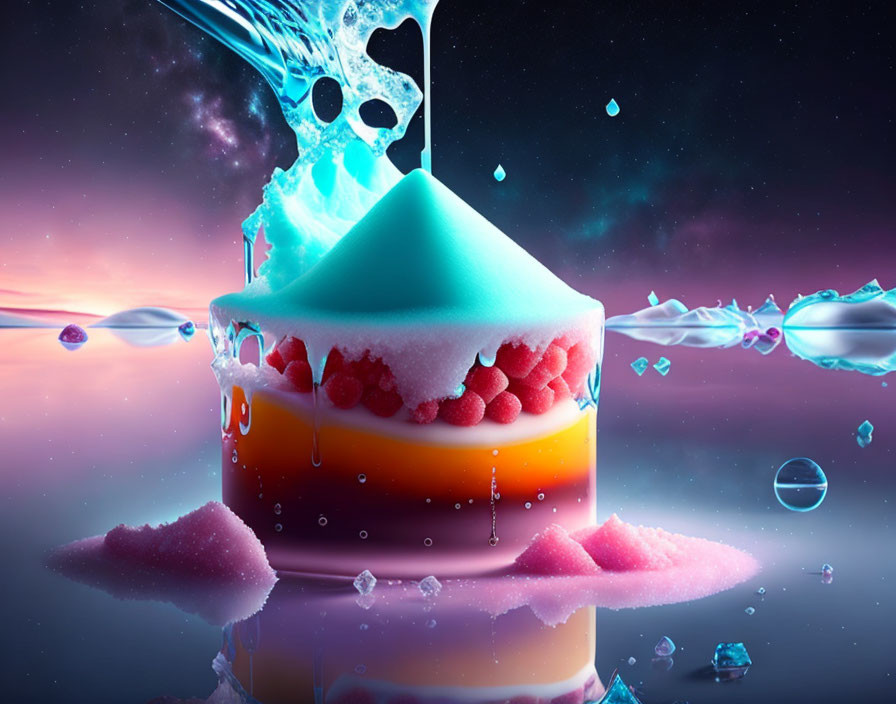 Colorful digital artwork: Layered dessert with raspberries, liquid splashes, crystals, cosmic background