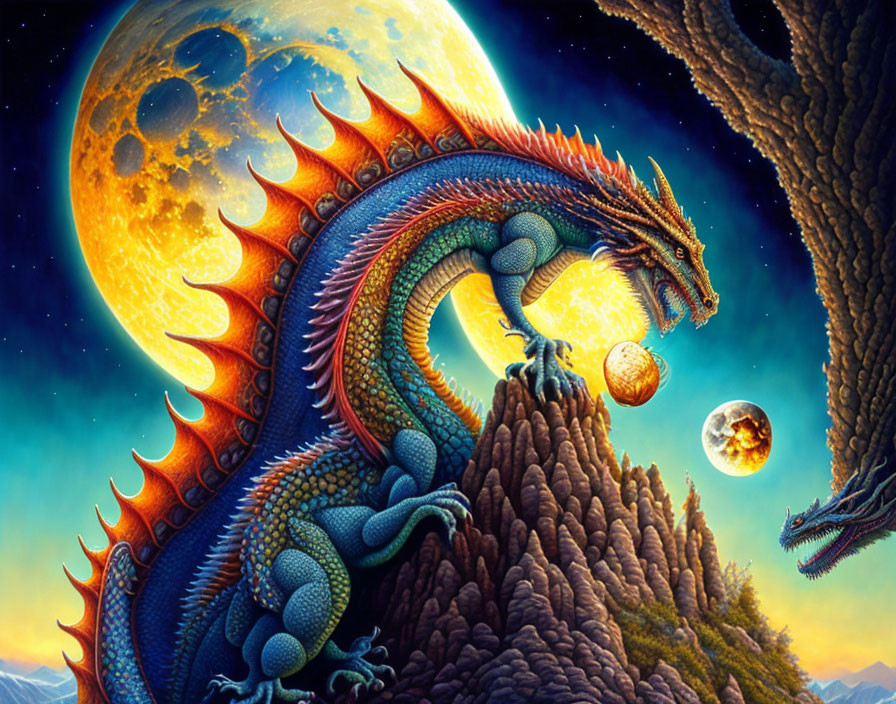 Colorful Artwork of Majestic Blue Dragon on Rocky Peak with Starry Sky