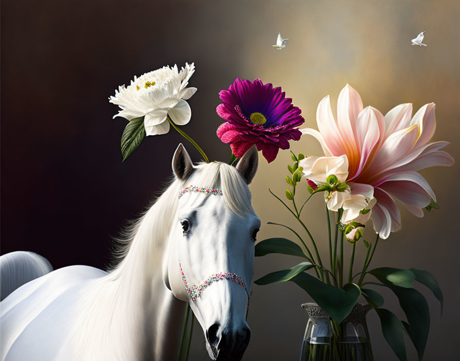 White Horse with Bejeweled Headpiece, Flowers, and Butterflies on Moody Background