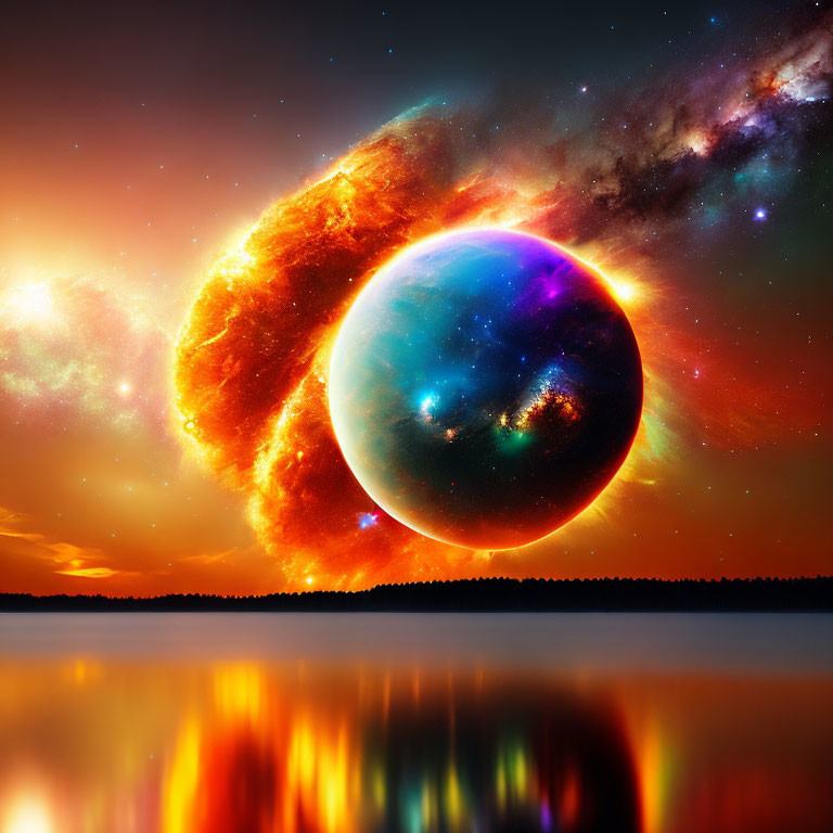 Colorful supernova explosion near planet reflected in lake