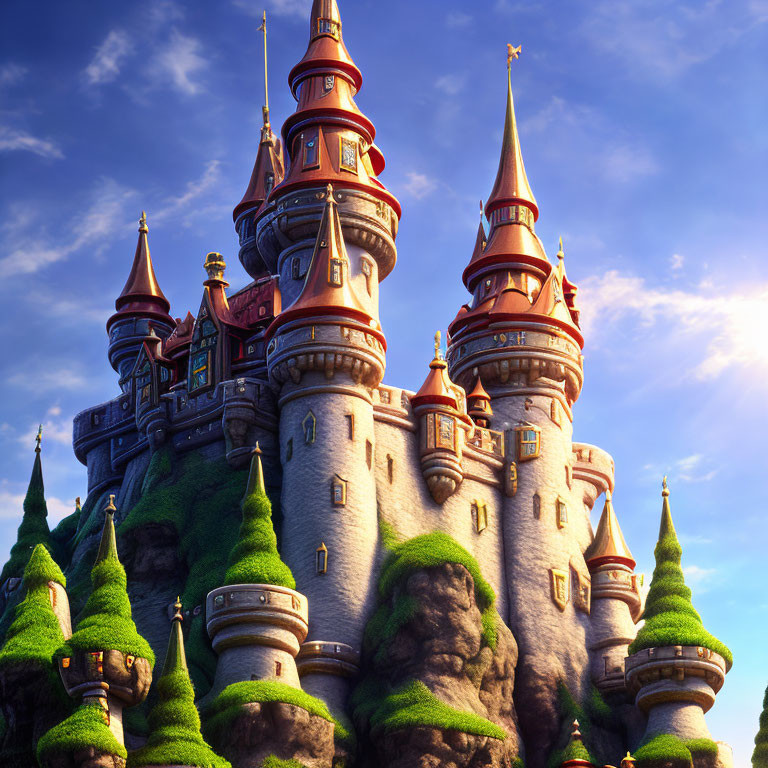 Fairytale Castle with Soaring Spires on Green Hills