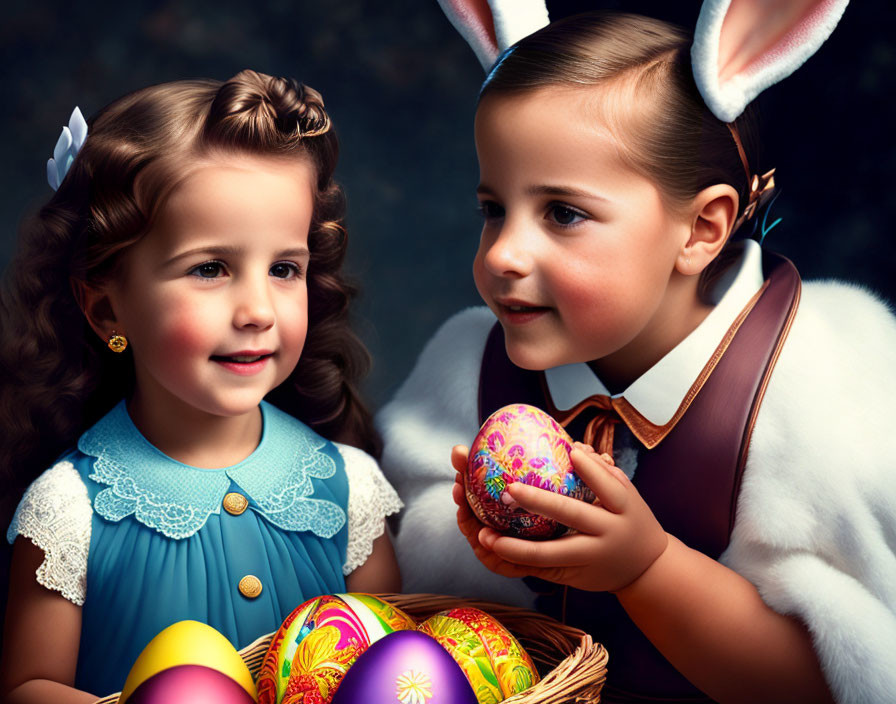 Children in Easter Bunny costume with colorful eggs basket