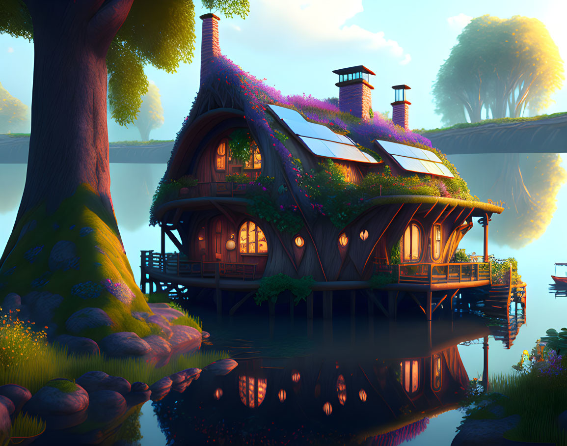 Quaint cottage with thatched roof by lakeside at sunset