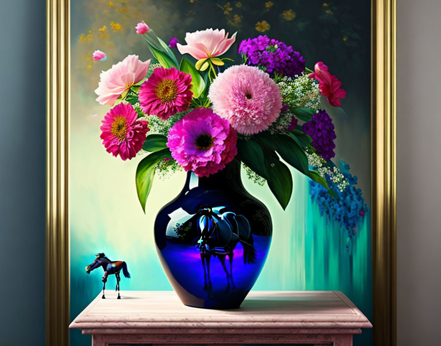 Colorful flowers in blue vase with horse figurine on wooden table