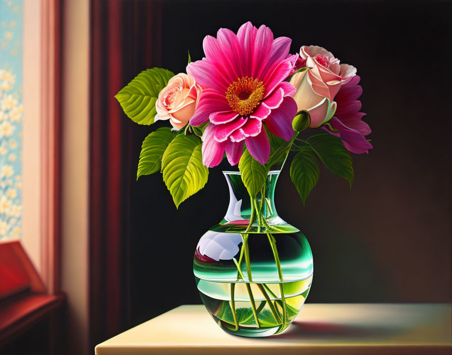 Colorful bouquet with pink dahlia, roses, and greenery in green glass vase on table