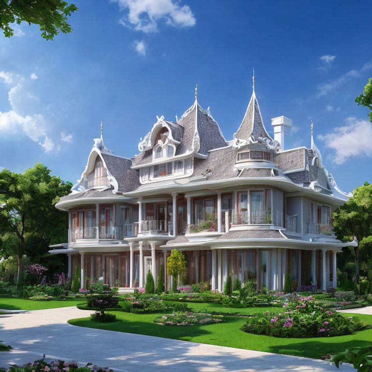 Victorian-style Mansion with Lush Gardens and Blue Sky