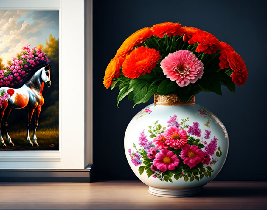 Colorful orange and pink flower bouquet in white vase next to horse painting with floral body