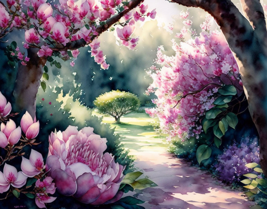 Tranquil garden path with pink flowers and soft light