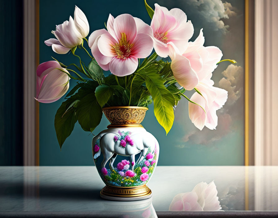 Pink flowers in ornate vase on dark background with soft lighting