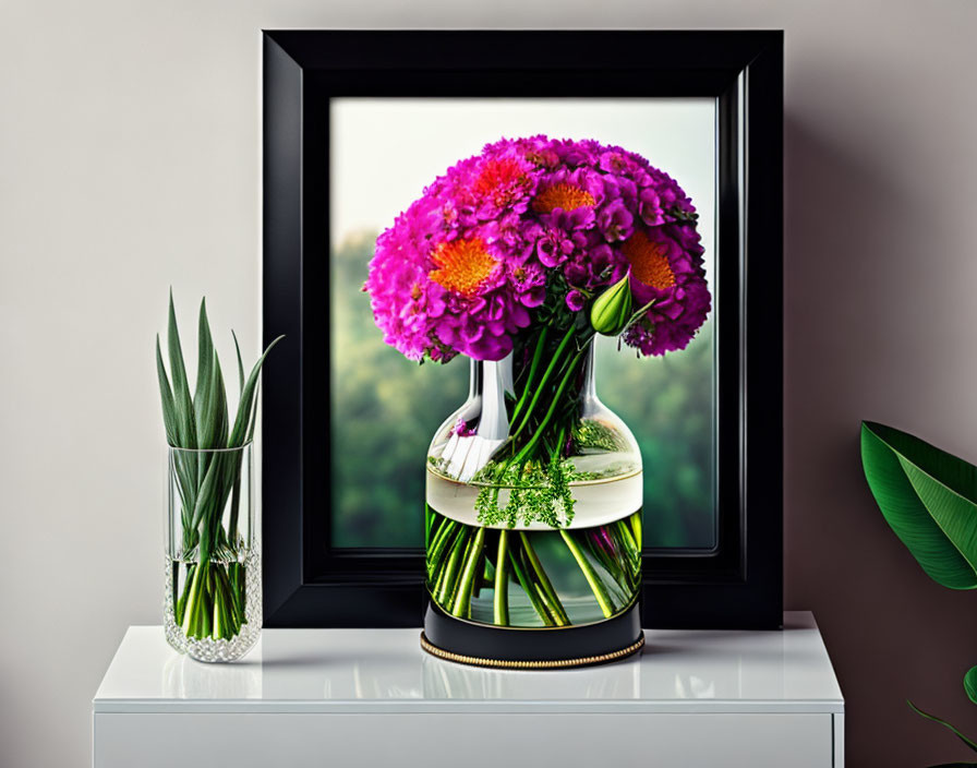 Purple Flowers in Clear Vase with Green Foliage on White Surface