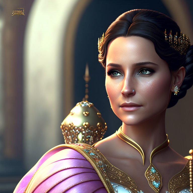 Elegant woman with regal attire in digital portrait