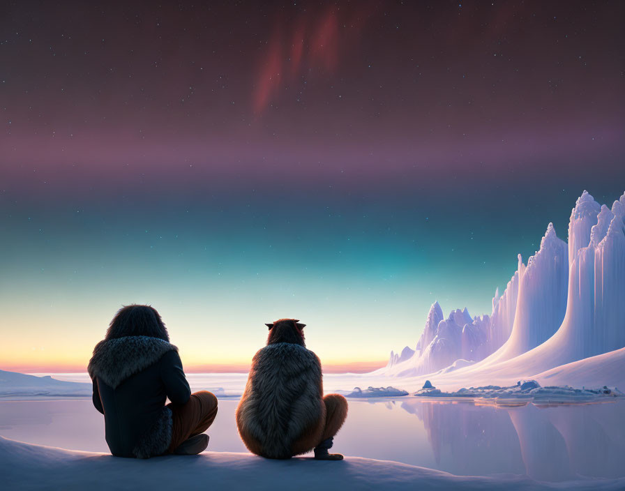 Person and dog admire aurora-lit sky over icy landscape.